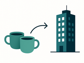 Minimalist illustration showing two coffee cups transitioning to a modern office building, symbolizing a startup’s growth and identity shift.