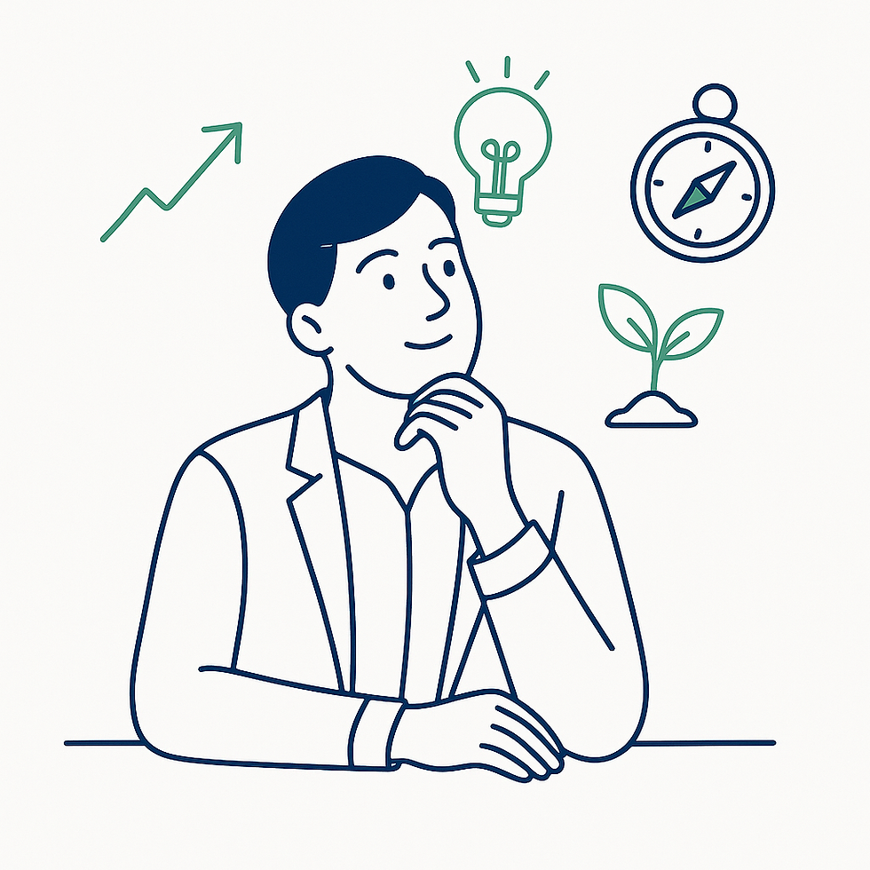 Illustration of an employee looking thoughtful, surrounded by simple icons representing motivation and purpose.