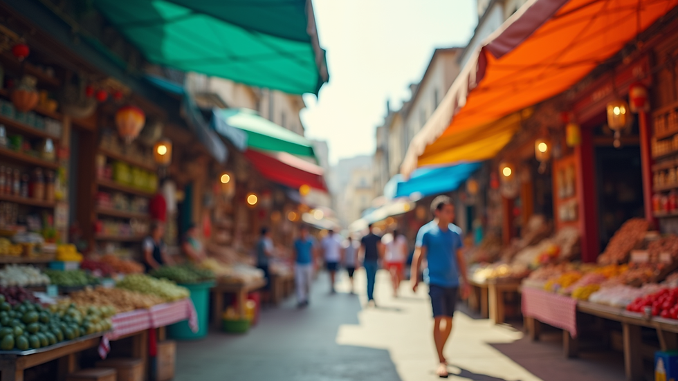 Eye-level view of a vibrant outdoor market filled with colorful stalls