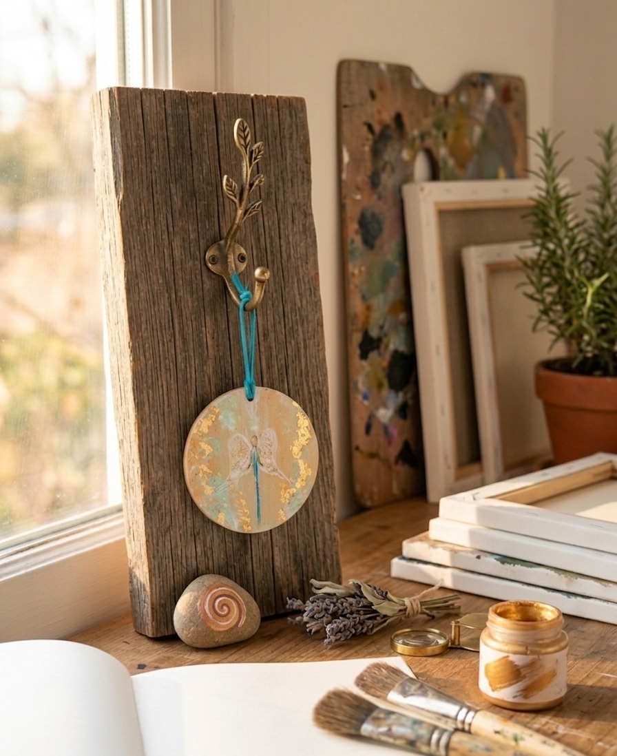 Miniaturbild: Schutzengel Anhänger aus Holz, handbemaltes Geschenk mit Goldakzenten