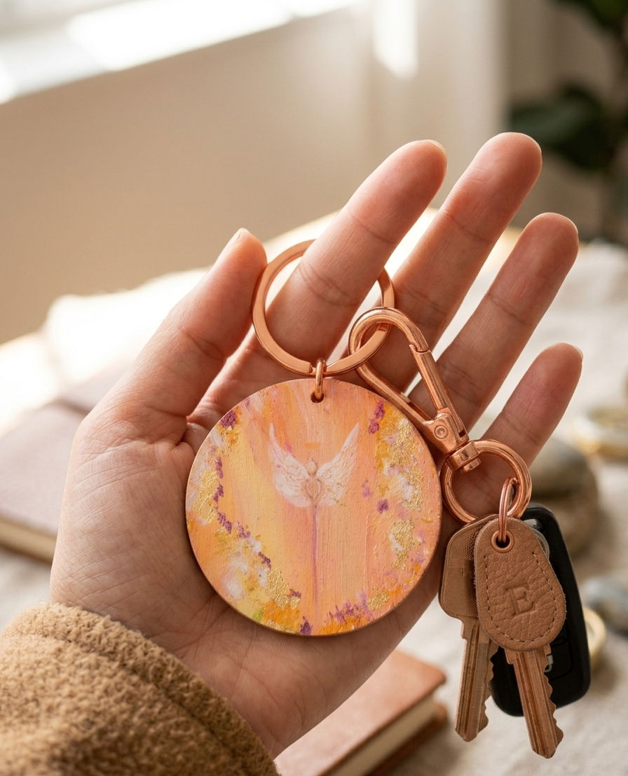 Miniaturbild: Hand mit Engel-Schlüsselanhänger in Roségold vor hellem Hintergrund