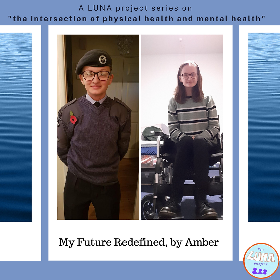 Image Description: The image is an infographic. The background is a light blue. At the top there is the text “A LUNA project series on the intersection of physical health and mental health”and the LUNA logo. There are then three polaroid style infographics, the two on the right and left have images of the sea within them and are kind of cut off. The one in the centre has two pictures of Amber. In the one to the left she is wearing her RAF uniform, in the second she is sat smiling in her wheelchair, with the text underneath reading “My Future Redefined, by Amber)”. End of Description.