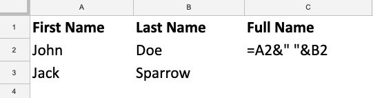 Spreadsheet with First Name and Last Name, and a formula that combines these fields to create Full Name