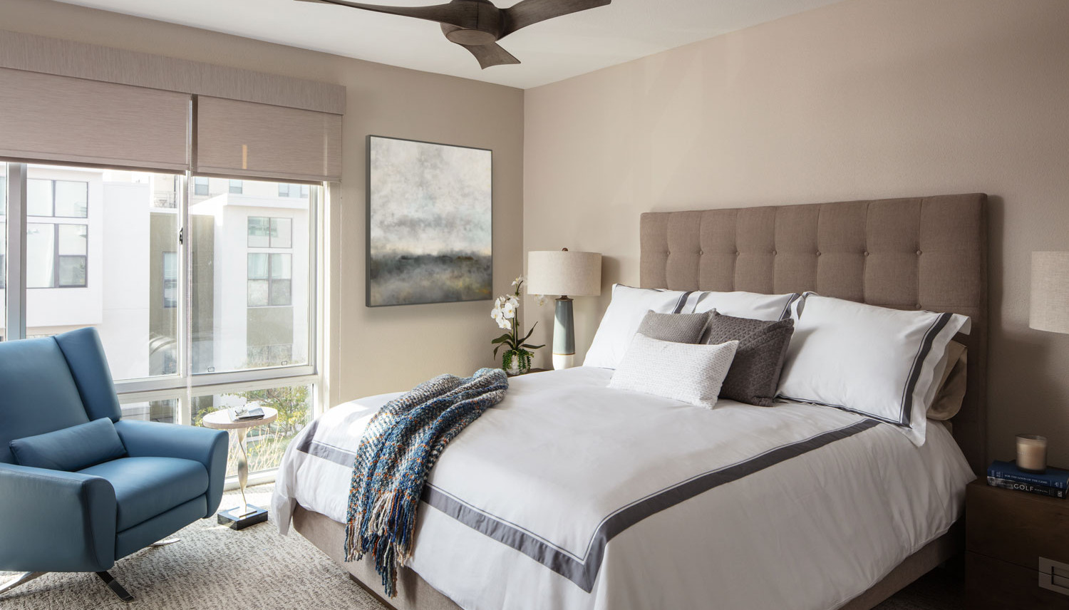 Beautifully designed primary bedroom by Soul Interiors Design featuring luxury wellness interior design.