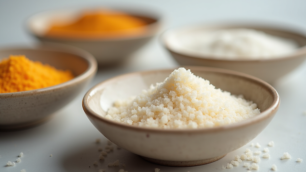 Close-up view of a variety of zero-calorie sweeteners in small bowls