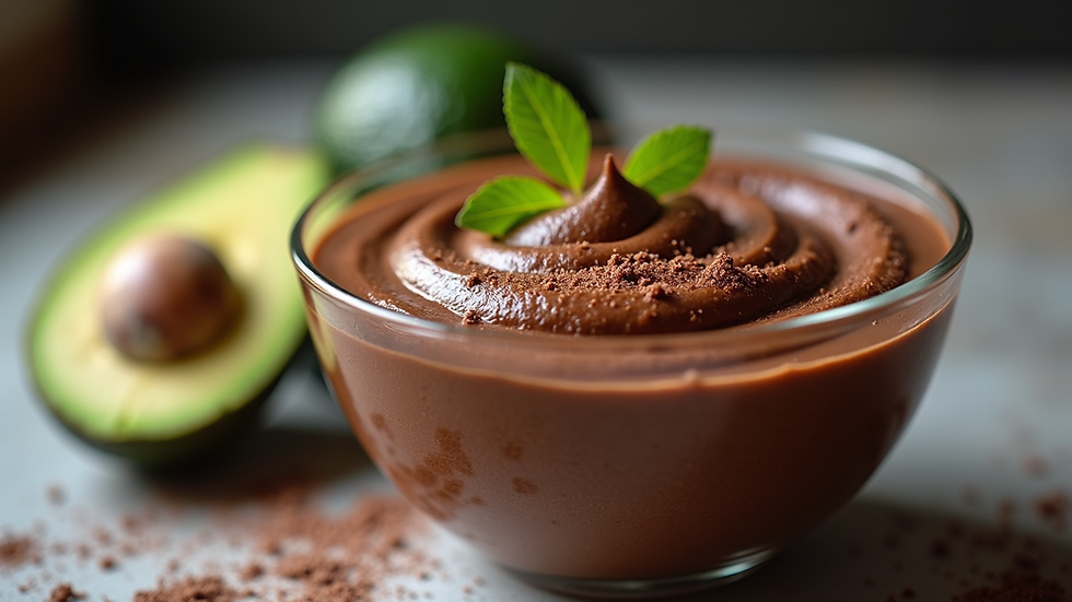 Close-up view of a chocolate avocado mousse in a glass bowl