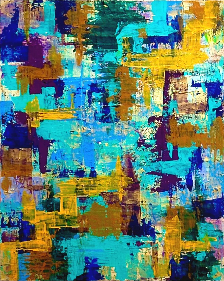 Ecos y reflejos painting in gold, turquoise and purple