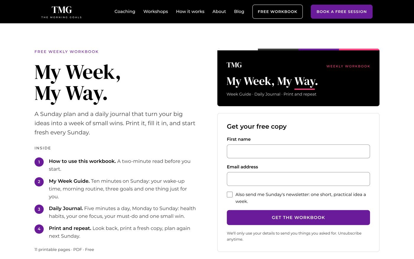 Free workbook sign-up page on The Morning Goals website