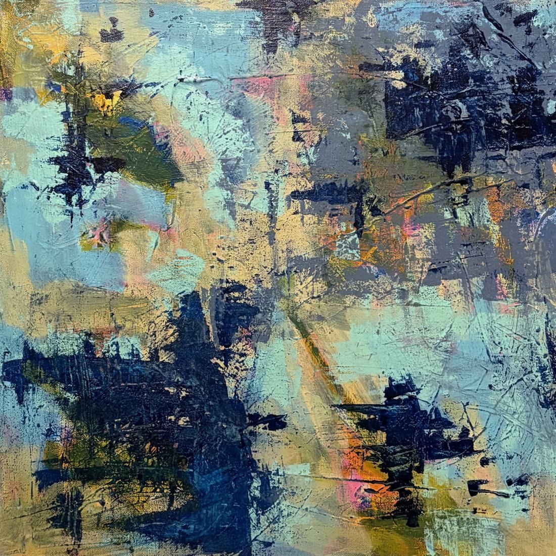 Ecos y reflejos painting in navy, sky blue and sand