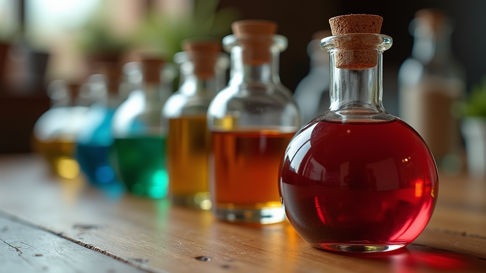 Close-up view of colorful potion bottles on a wooden table