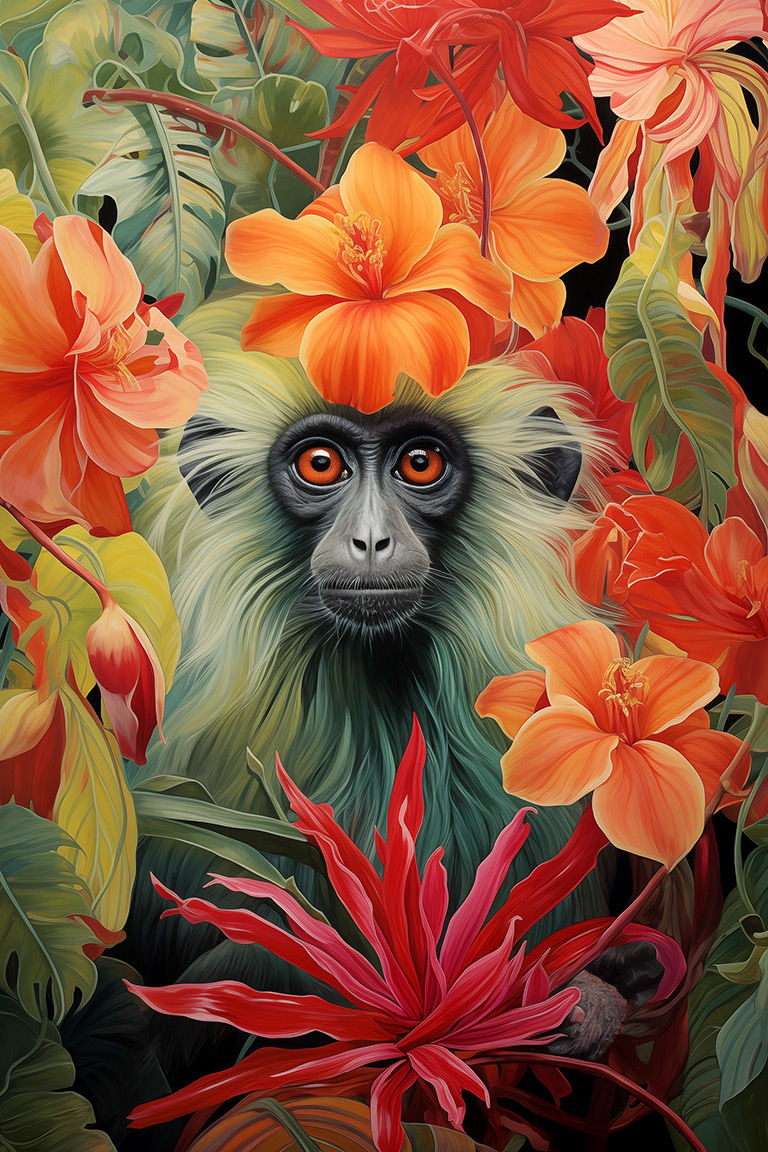 Thumbnail: Spider Monkey Hibiscus Jungle Decor Wall Art Print