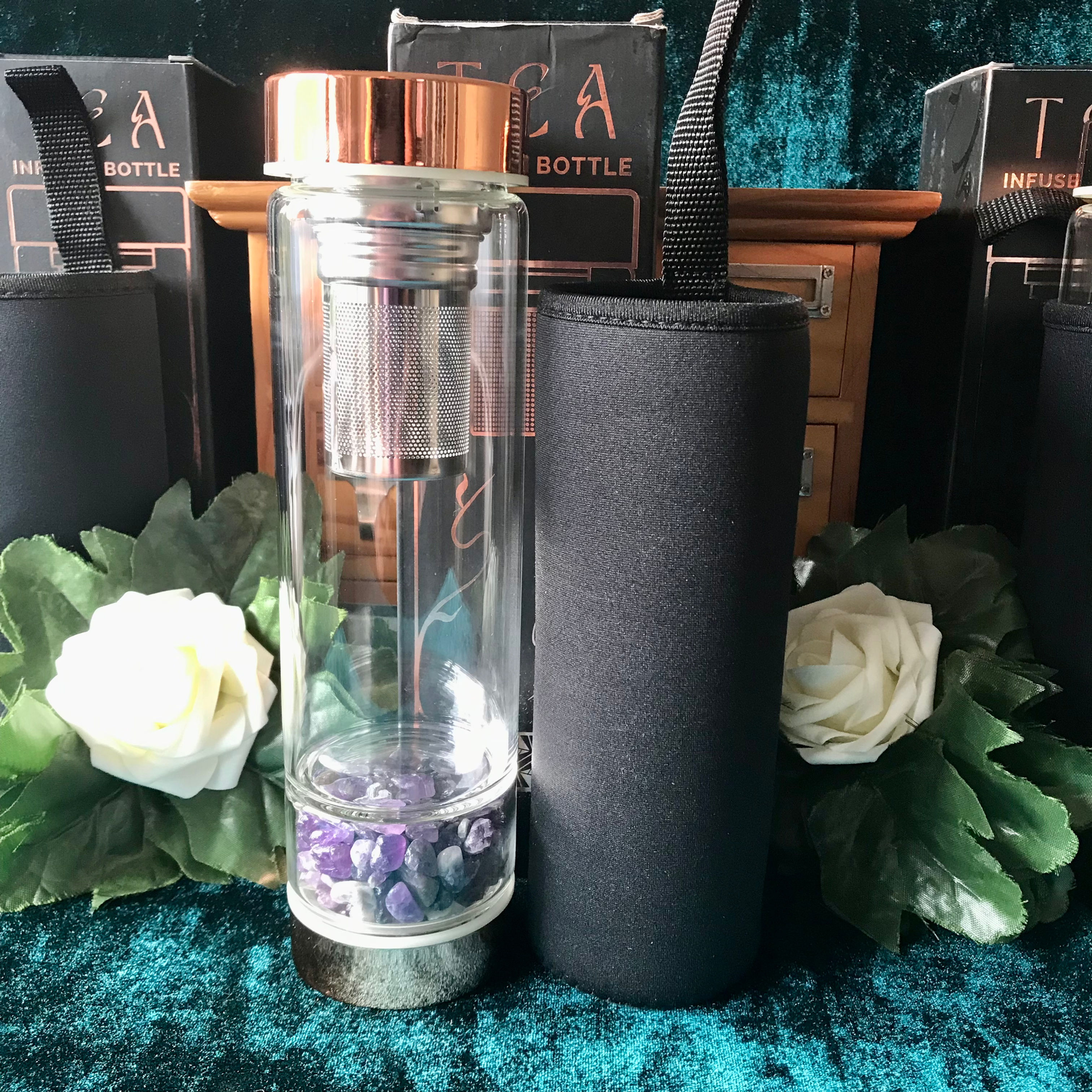 Amethyst - Crystal Glass Tea Infuser Bottle - Rose Gold
