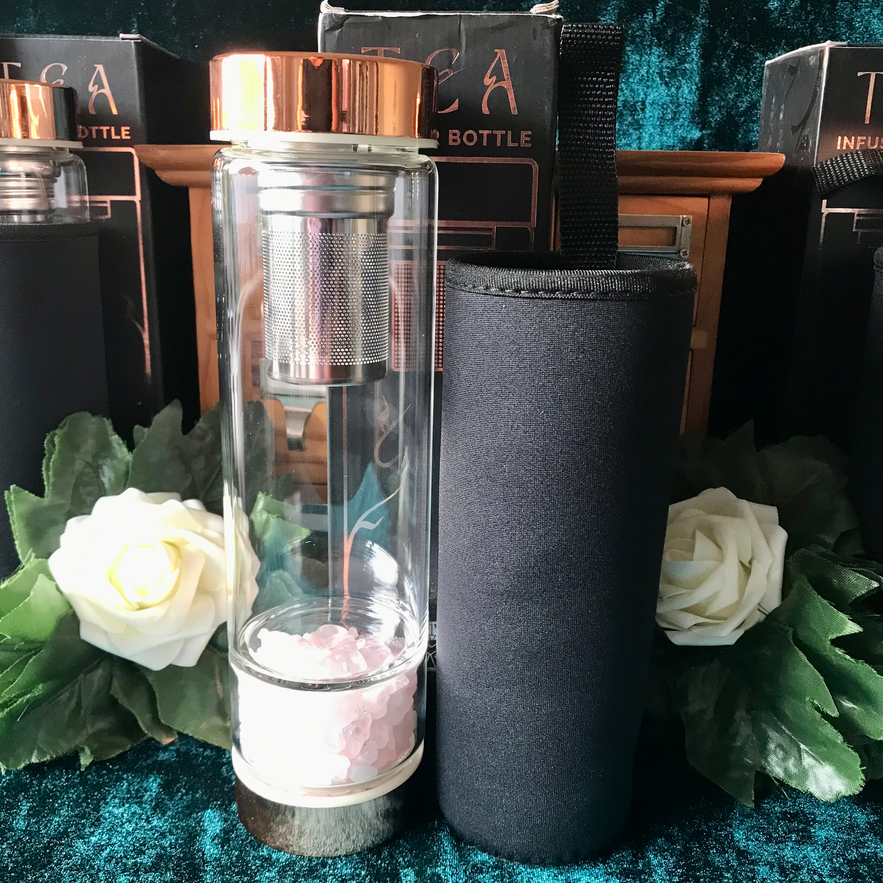 Rose Quartz  - Crystal Glass Tea Infuser Bottle - Rose Gold