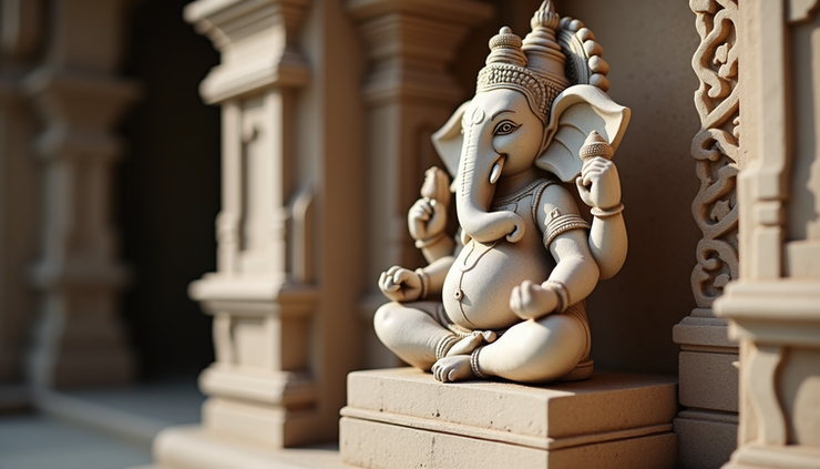Eye-level view of a hand carved marble statue of Lord Ganesha in a temple setting