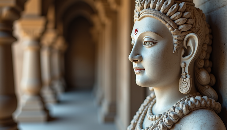 Eye-level view of intricately carved marble statue of a deity in a temple