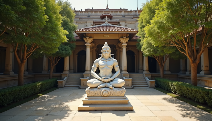 High angle view of a large Hanuman marble statue in a temple courtyard