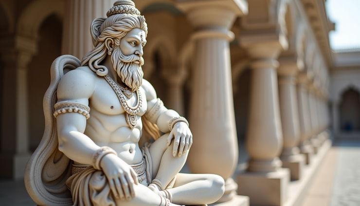 Close-up view of a Makrana marble Hanuman statue with intricate carvings