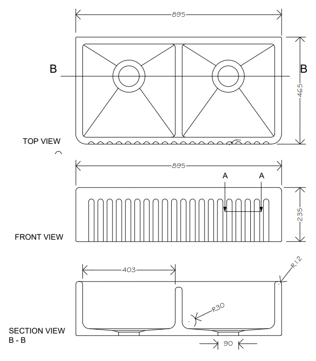 Thumbnail: Whitebirk Warton Sink Fireclay 896 x 465 x 235mm