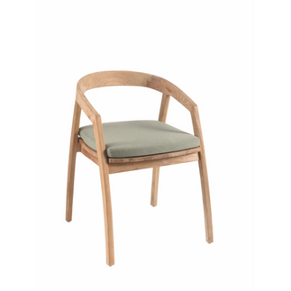 round backed teak outdoor dining chair with green seat cushion in outdoor fabric