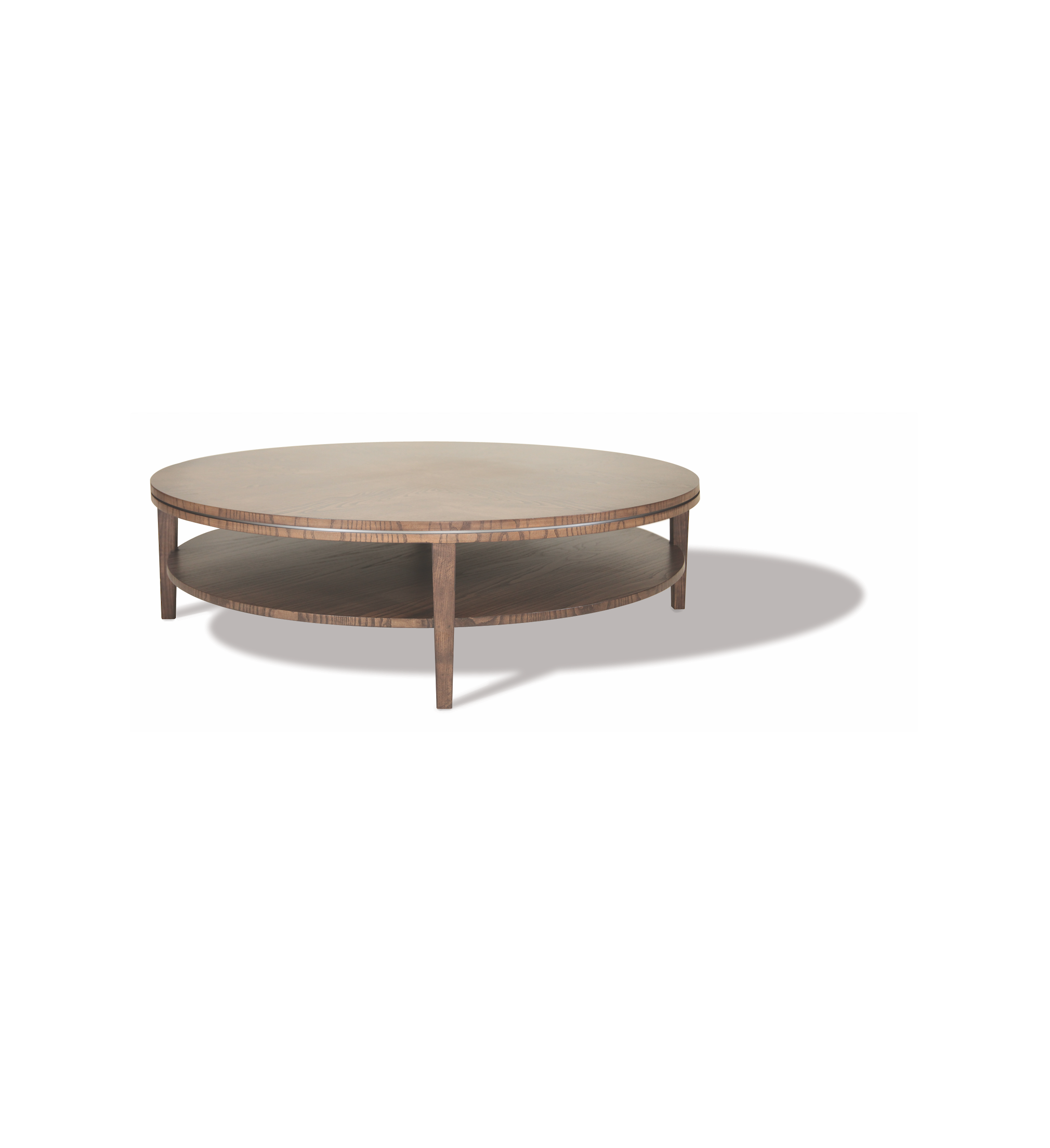 round wood coffee table with shelf and metal band detail designed by Scott glazebrook for Rebecca Scott furniture made in UK