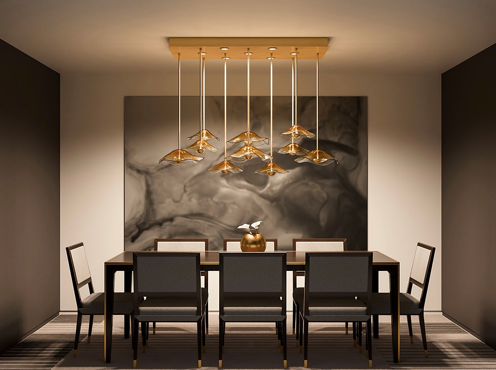 Cluster drop light pendant over dining table in an eclectic interior – Rebecca Scott (UK, London & Yorkshire)