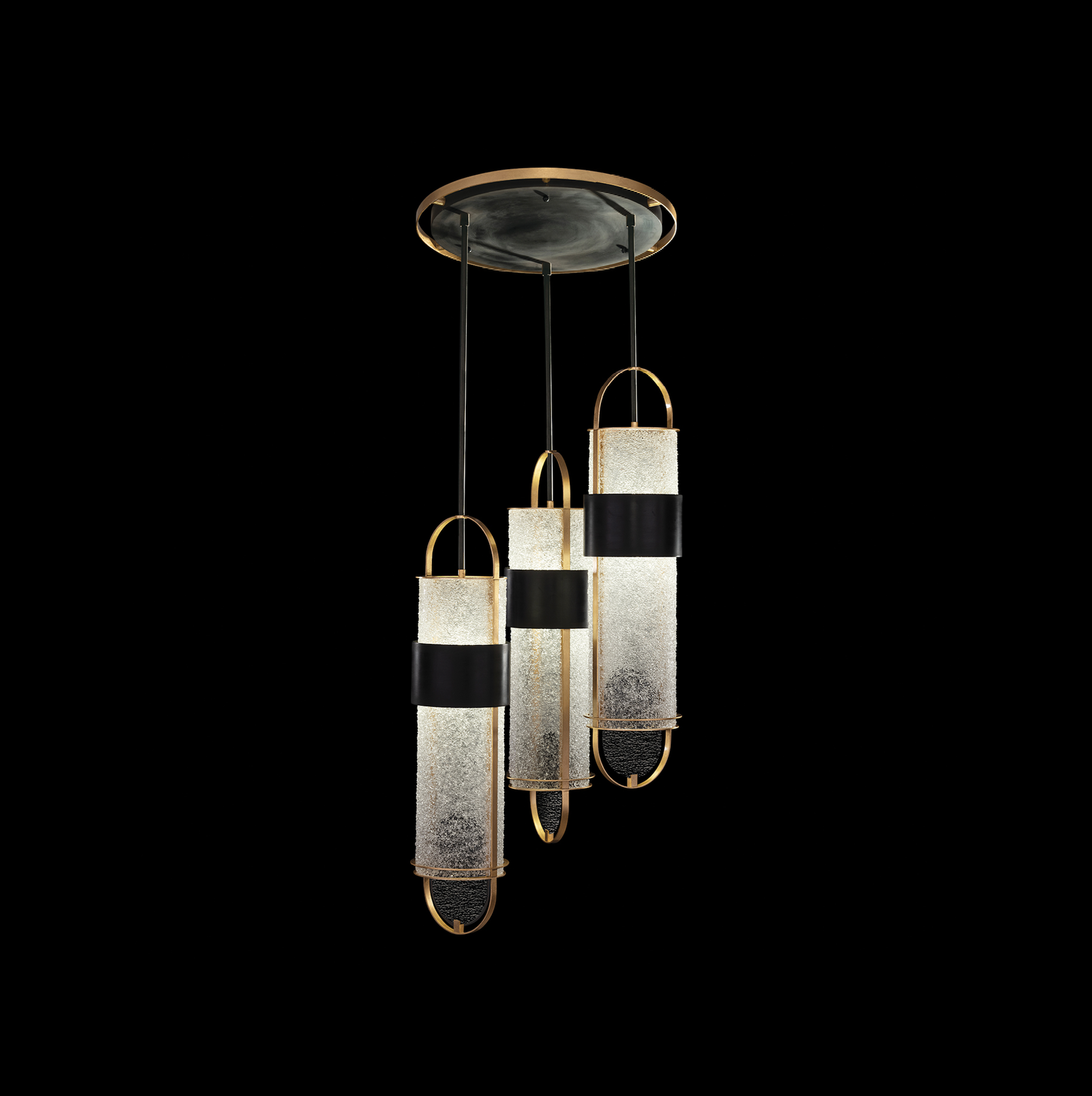 Bond triple pendant hanging ceiling light with handcrafted glass cylinders and customisable height