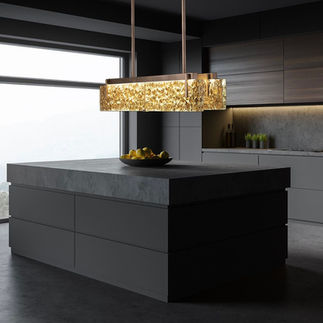 terra art glass rectangular pendant in a modern kitchen above a kitchen island