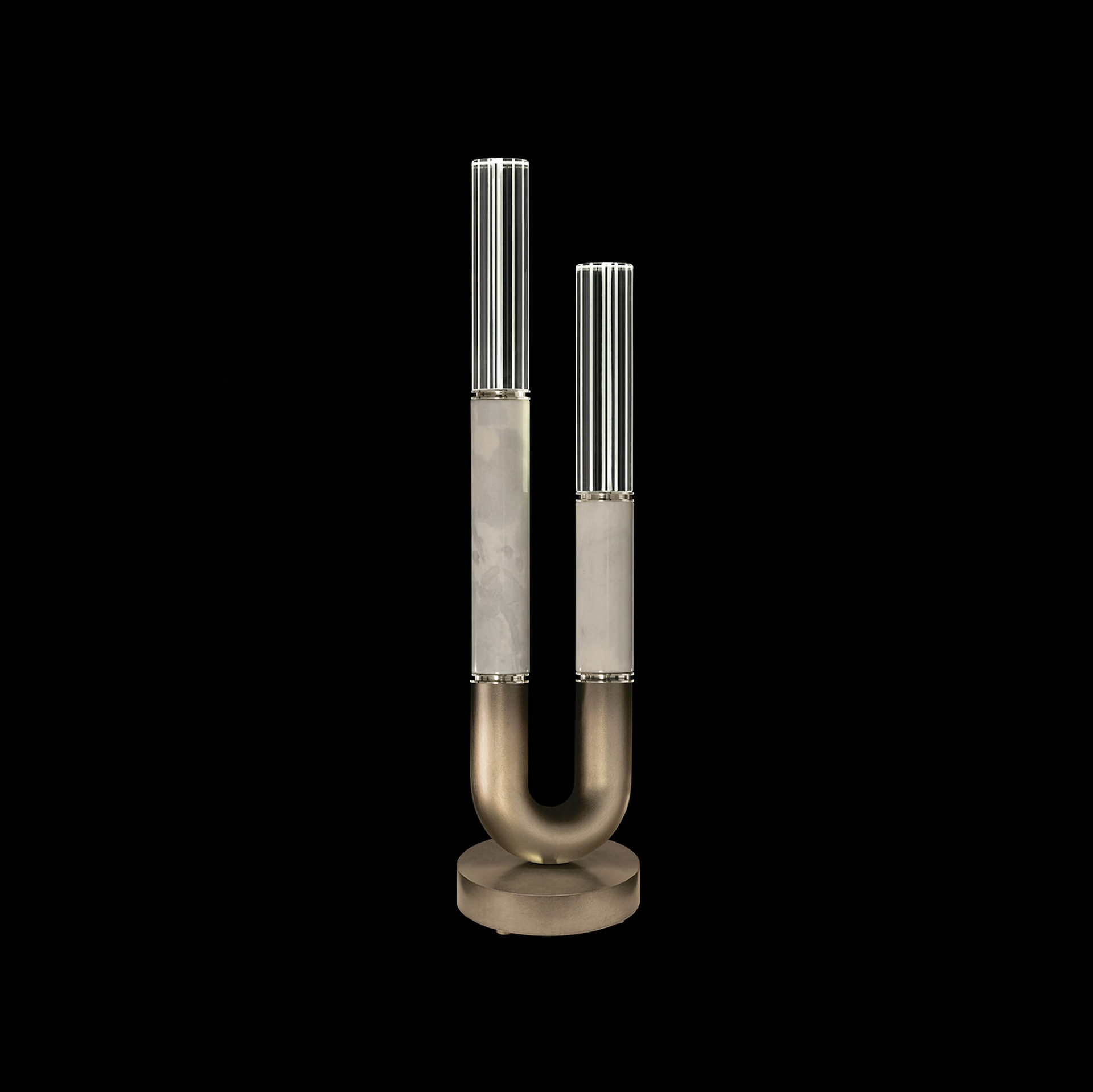 curved table lamp with soft gold metal base, smoke parchment and studio glass detail