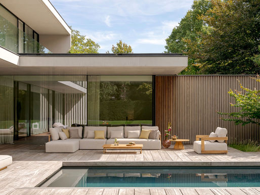 Rafa Modular outdoor sofa with teak frame and weatherproof seat and back upholstery