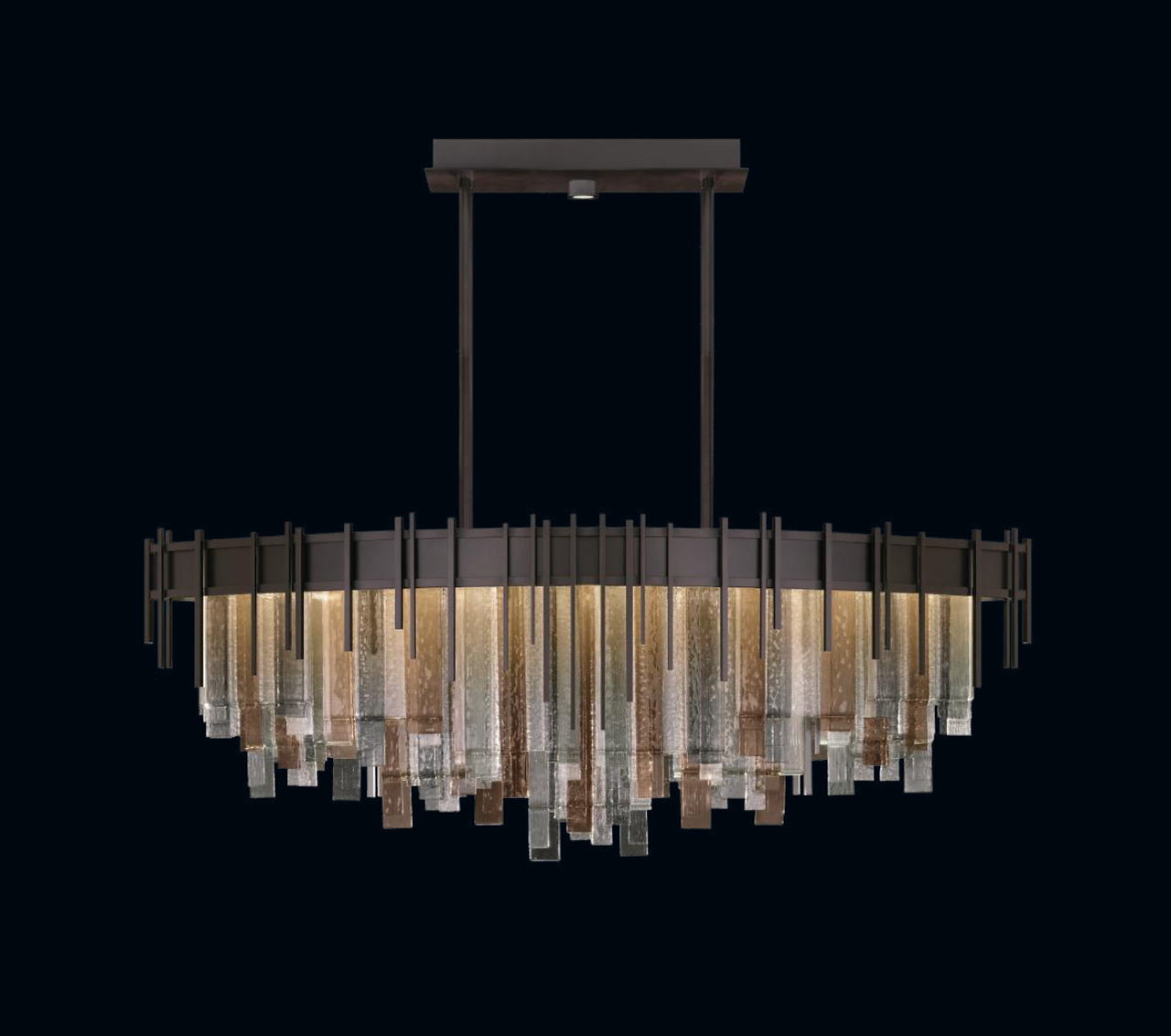 Arpeggio lighting fixture featuring layered fused glass panels in multi-tonal finish with midnight steel metal