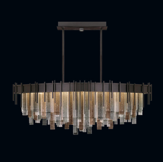 Arpeggio lighting fixture featuring layered fused glass panels in multi-tonal finish with midnight steel metal