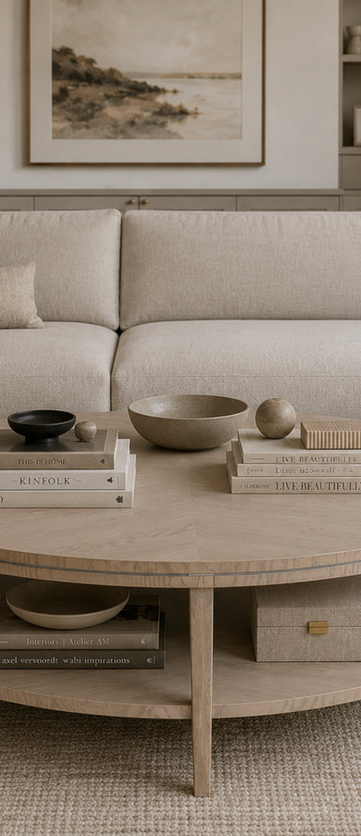 courtyard round coffee table with shelf in blonde finish with metal band inlay, in living room setting with modular sofa in a neutral fabric.