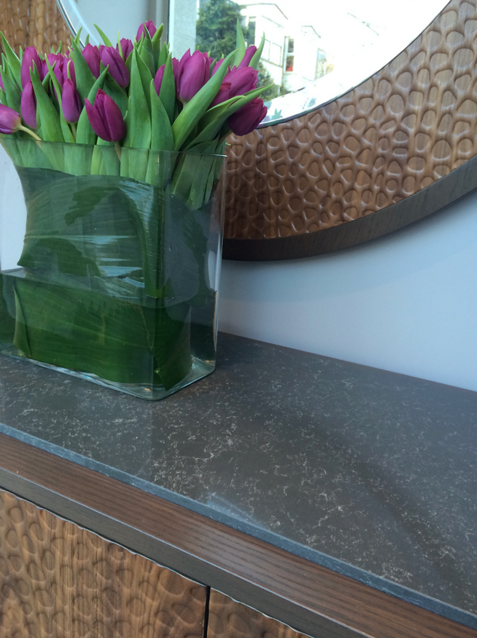 Thumbnail: 3 door wooden sideboard with matching mirror storage stone top pressed veneer british furniture by Rebecca Scott england