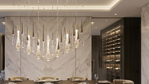 Luxury dining room with cascading glass drop pendant cluster – Rebecca Scott (UK)