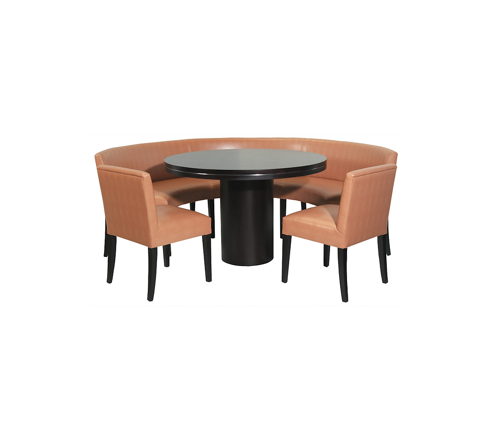 Thumbnail: cylin half round upholstered bench with tapered wood legs and cylinder round wood dining table designed by Scott Glazebrook