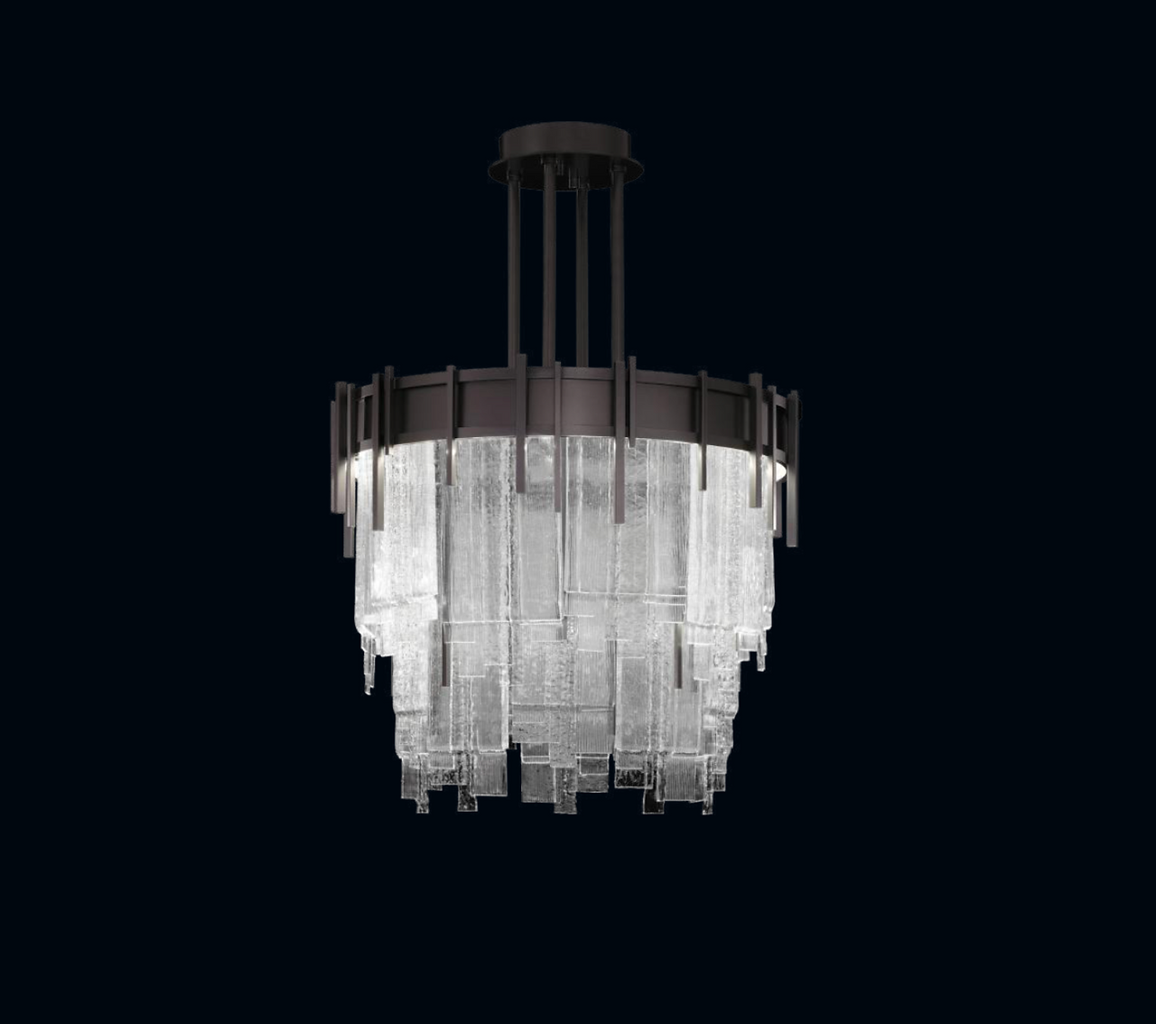 round pendant studio glass chandelier in midnight steel with layered clear studio glass
