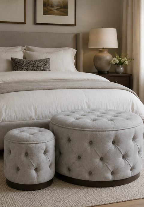 Harome round buttoned footstools at the end of the bed instead of an ottoman, in neutral fabric with timber base detail.