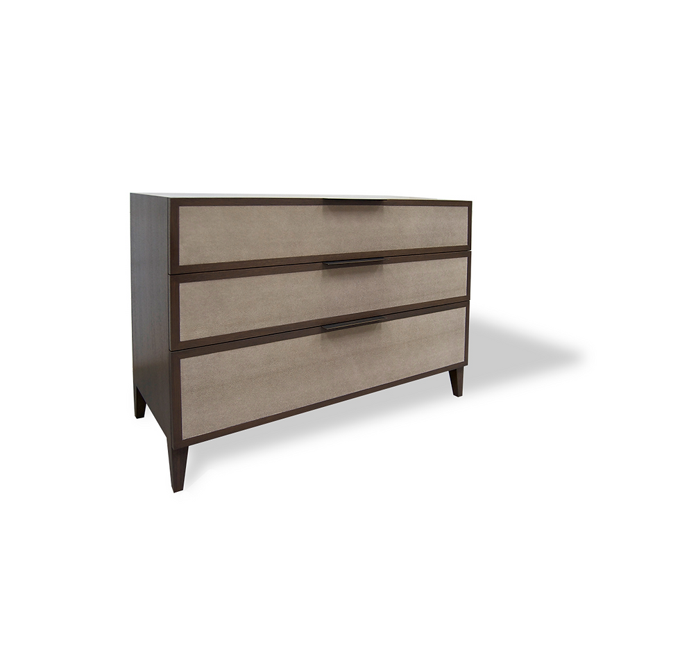 ellipse wood chest of drawers with three drawers tapered wooden legs and stamped leather drawer front inlays