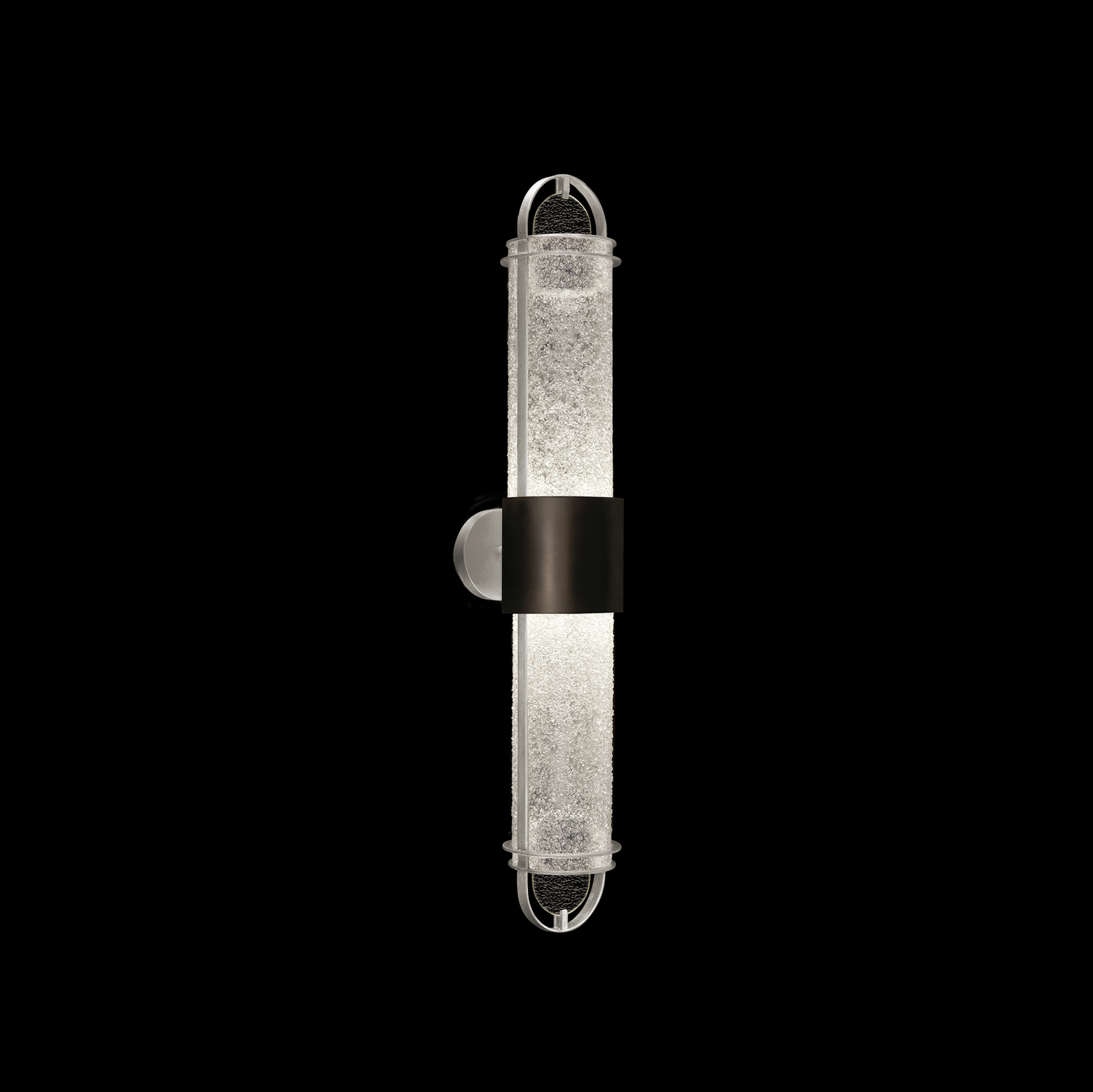 vertical luxury bond wall light featuring an illuminated cylinder with black and silver leaf metal hardware