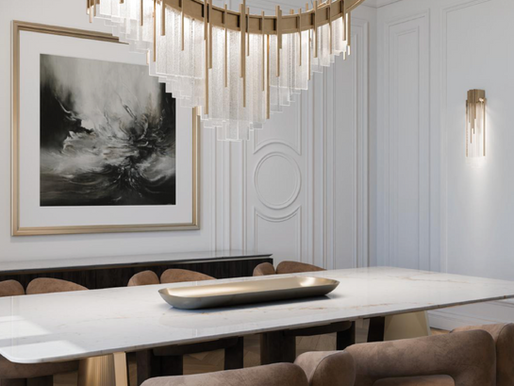 dining room table with arpeggio rectangular layered studio glass pendant in clear glass with soft gold finish