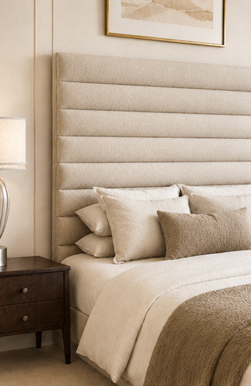 Horizontal fluted headboard in neutral fabric