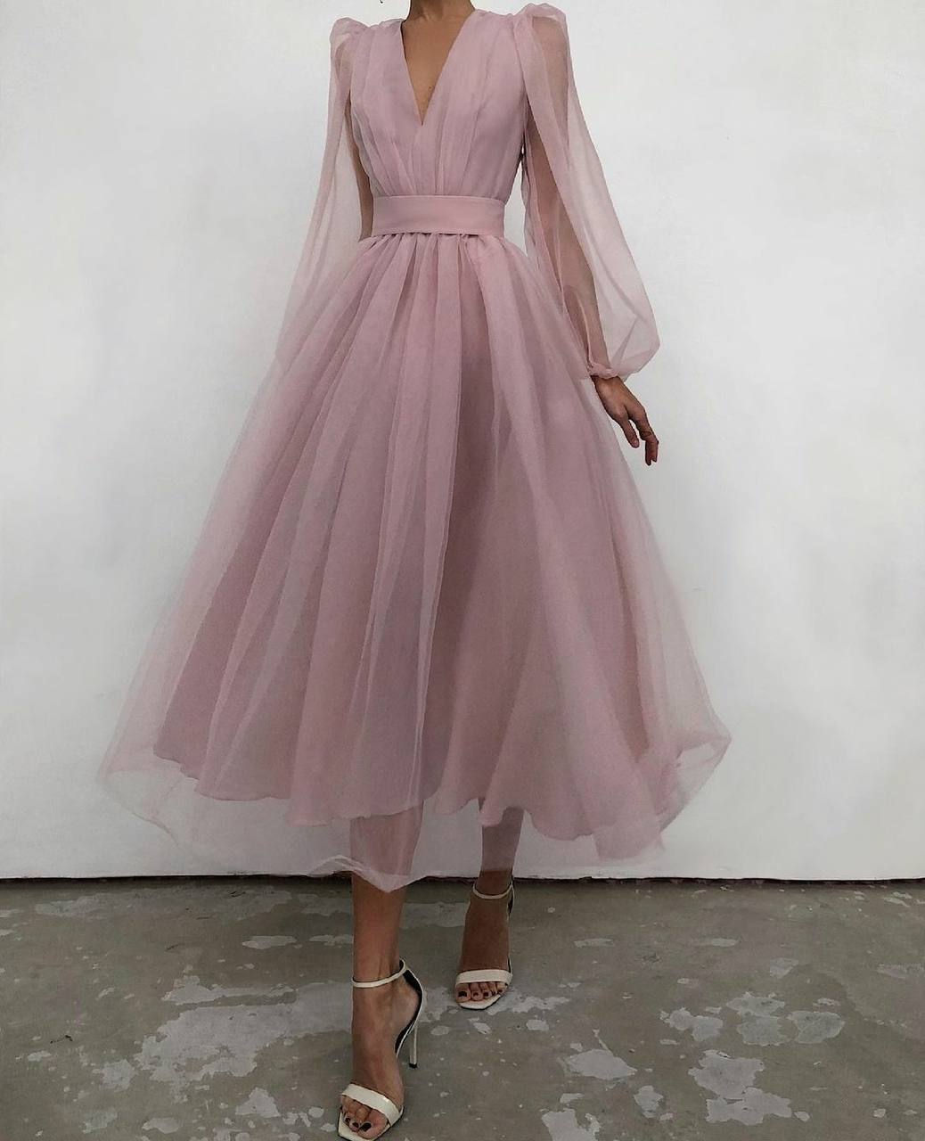 Midi Boy Kemer Detay Gloplu Tül Abiye