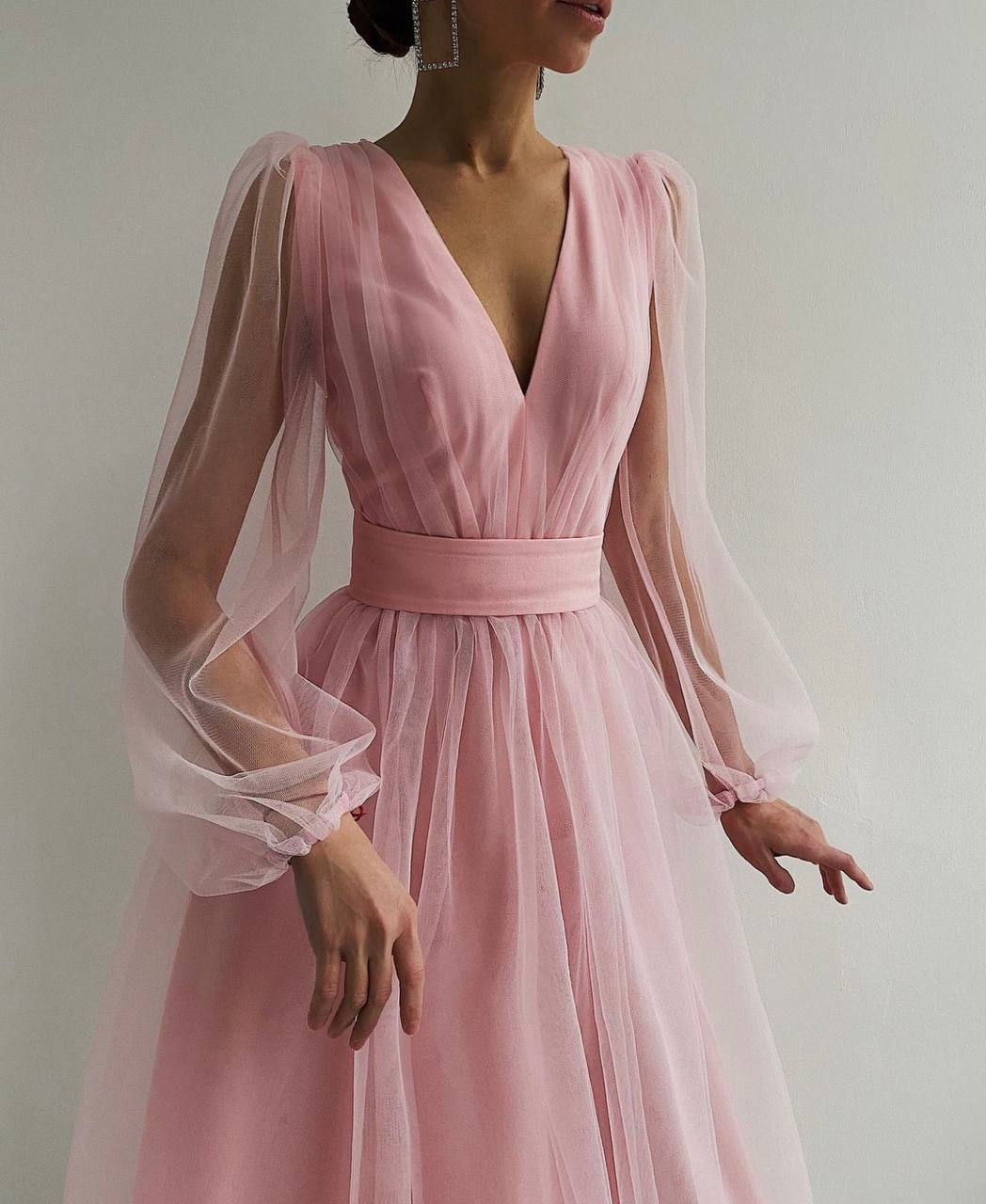 Midi Boy Kemer Detay Gloplu Tül Abiye