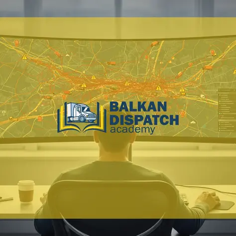 Лице седи пред голем закривен монитор со мапа и предупредувачки икони за сообраќај и рути, со лого на Balkan Dispatch Academy поставено преку сликата.