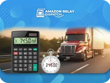 Amazon Relay Dispatch banner showing a red semi-truck, calculator displaying $74.50 per hour, and stopwatch symbolizing revenue per hour efficiency.