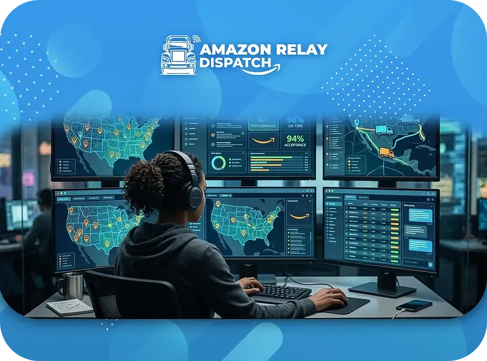 An image featuring a graphic header with the text "AMAZON RELAY DISPATCH" and a white truck icon on a blue background with abstract shapes. Below the header, a person with dark, curly hair tied back is shown from behind, wearing headphones and sitting at a desk in a dark room. They are looking at multiple computer monitors displaying maps of the United States with orange location markers, data charts, and logistics information. One screen shows performance metrics like "98% ON-TIME" and "94% ACCEPTANCE." The overall aesthetic is high-tech and focused on logistics and transportation management.