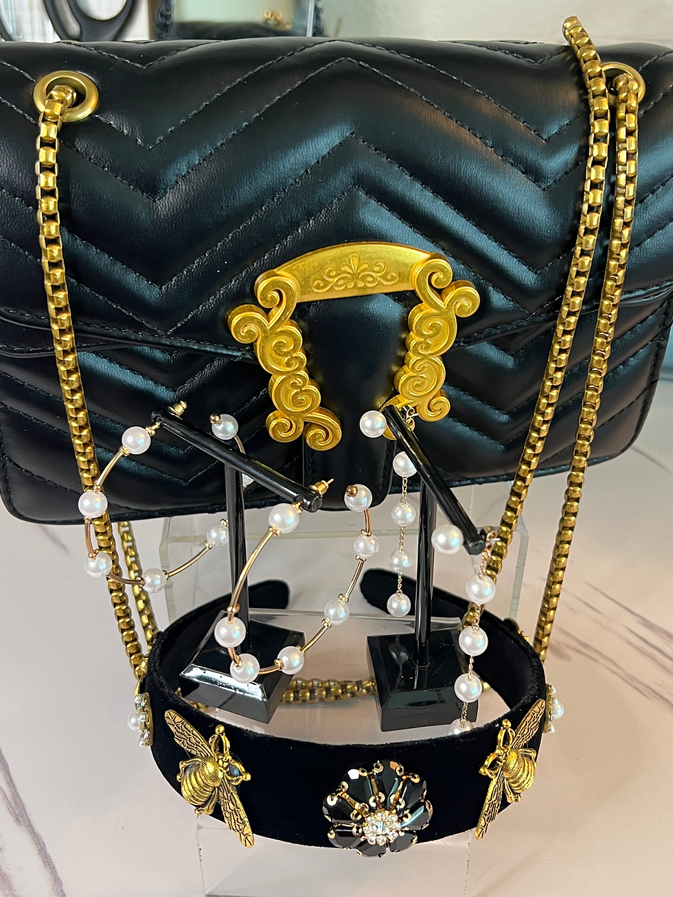 Thumbnail: Black & Gold Luxury Handbag with Pearl Jewelry Bundle