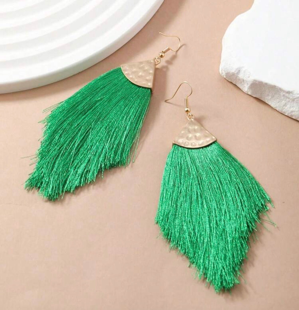 Emerald Green Tassel Statement Earrings for Women