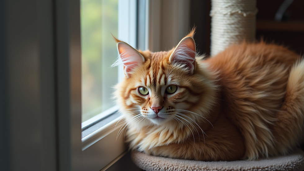 High angle view of a Maine Coon cat resting on a cat tree near a window
