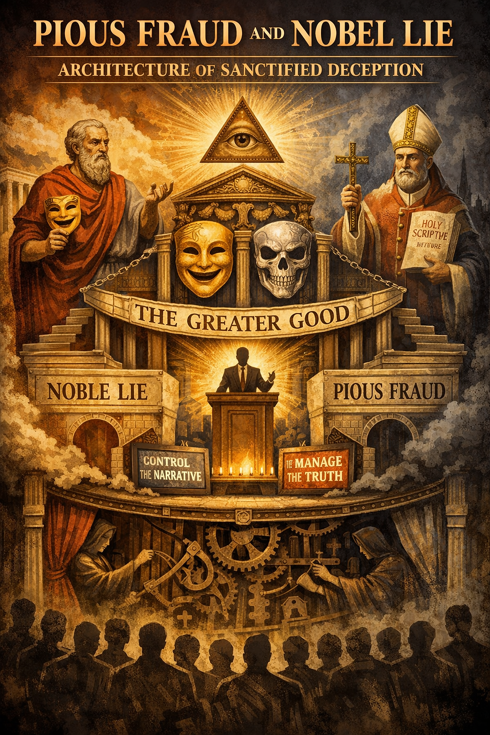 Symbolic illustration of the Noble Lie and Pious Fraud showing political and religious authority manipulating perception.